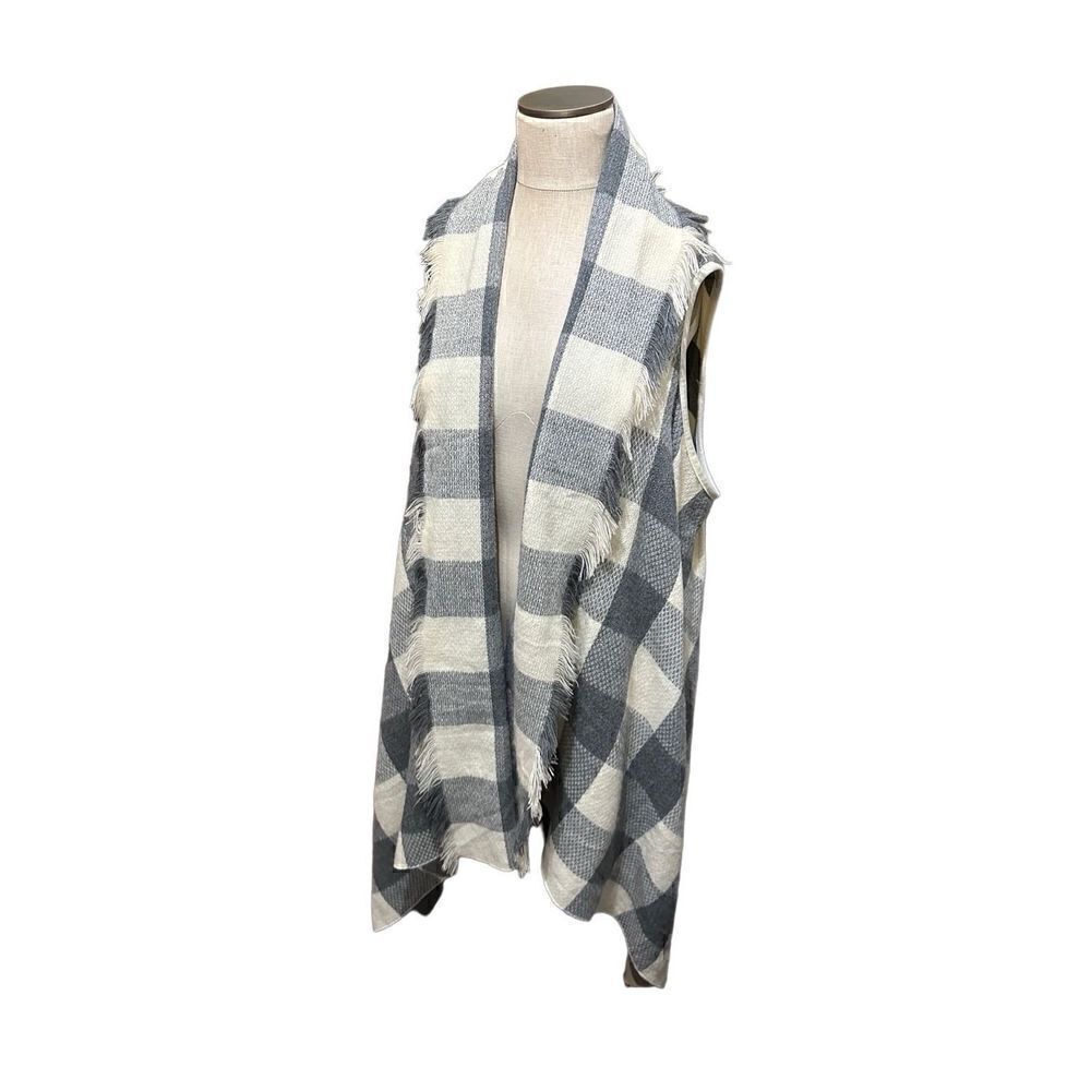 Shyanne Womens Blue Plaid Open Sweater Cardigan Kimono Vest Long Sides One Size